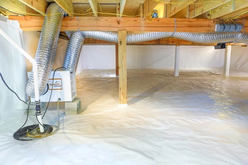 After encapsulation: clean white reinforced vapor barrier sealed to soil and walls, dehumidifier conditioning the sealed space