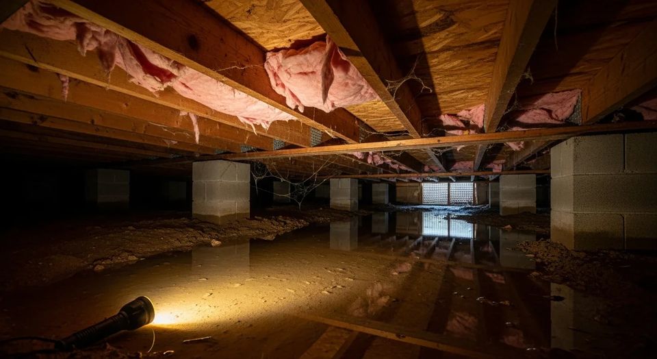 Standing water and saturated soil in a Portland crawl space, the typical condition that interior perimeter drainage solves