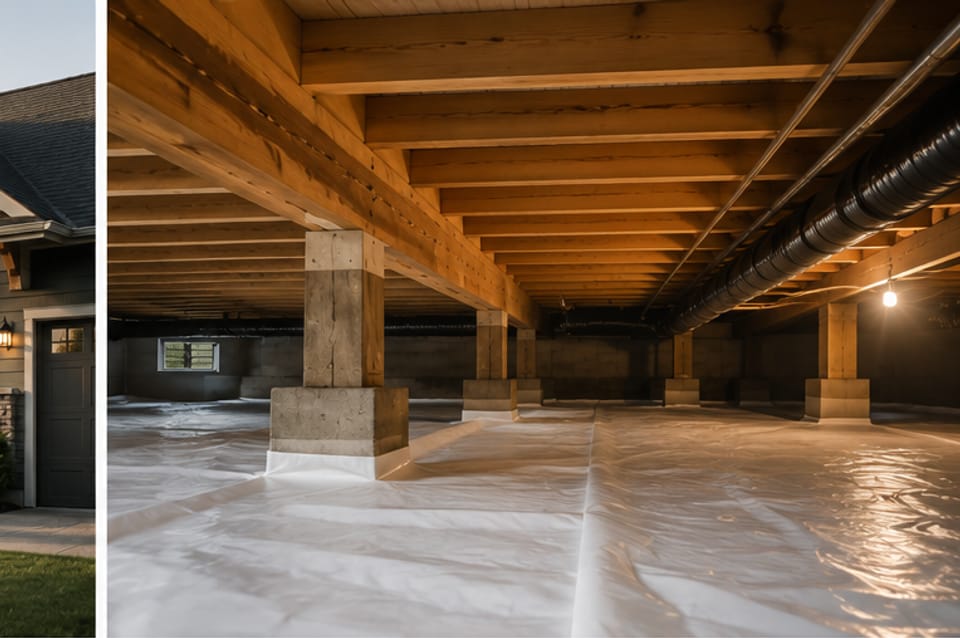 A finished encapsulated crawl space beneath a Portland-area home: bright white vapor barrier sealed across the soil and up the foundation walls, clean support posts and floor joists in warm work light